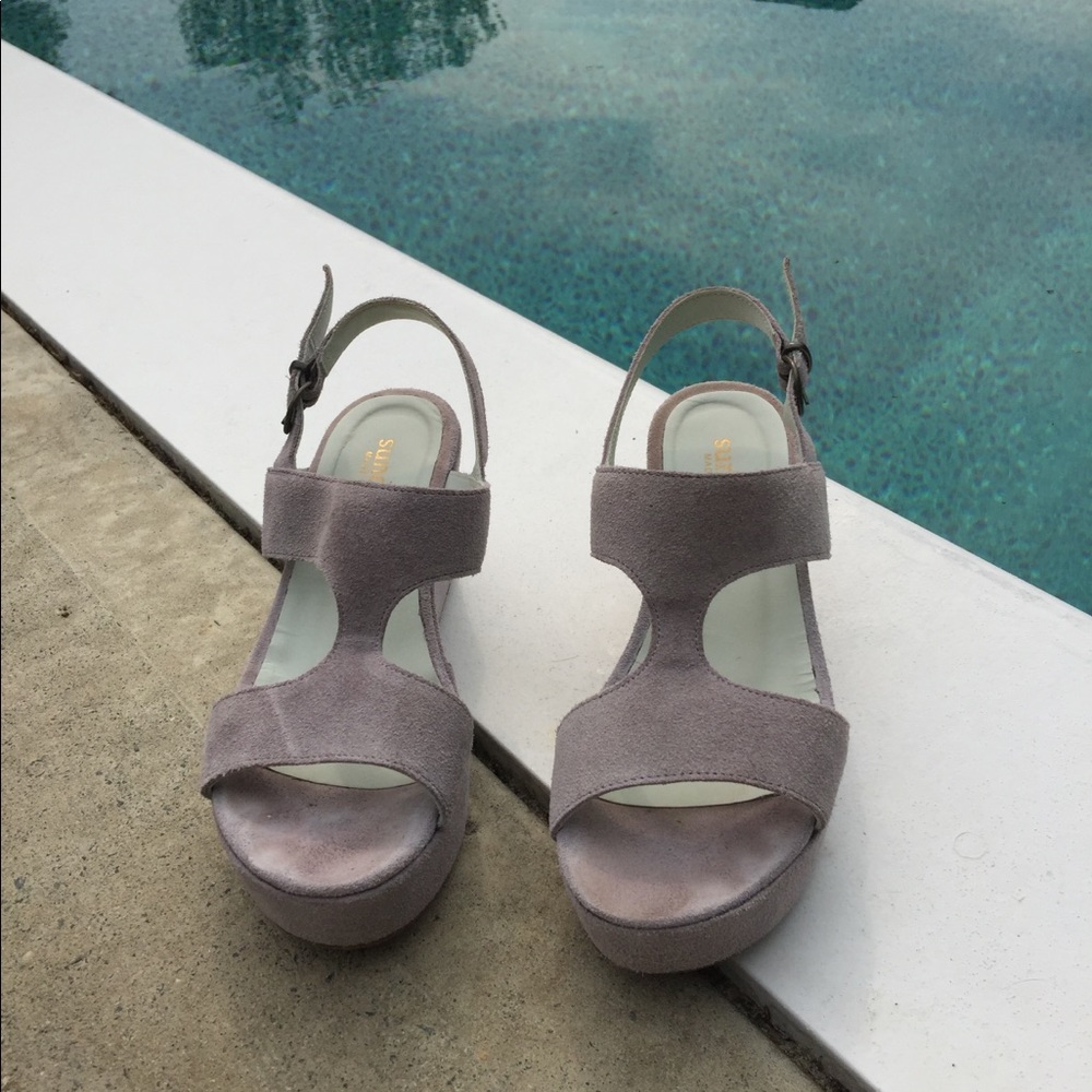Sundance Lilac Suede Wedge Sandals, Size 6